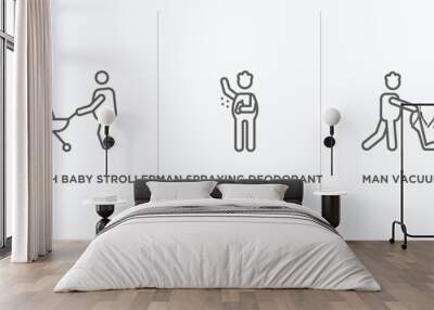 behavior outline icons set. thin line icons such as man with baby stroller, man spraying deodorant, man vacuum vector. linear icon sheet can be used web and mobile Wall mural