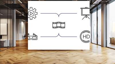 cinema outline icons set. thin line icons such as video tings, fabric for movies, image fotogram, 3d paper glasses, hd vector. Wall mural