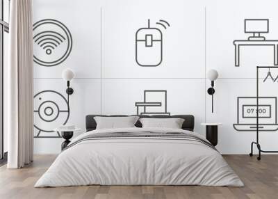 computer outline icons set. thin line icons such as wi fi, computer mouse device, work station, round webcam, school desk, morning work vector. Wall mural