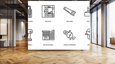 construction outline icons set. thin line icons such as constructions, big clo, big saw, concrete, electric drill, big building, angle grinder, grinder vector. Wall mural