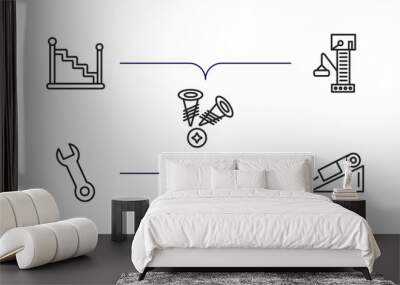 construction outline icons set. thin line icons such as stairs with handle, big derrick with boxes, two screws, spanner, inclined vector. Wall mural