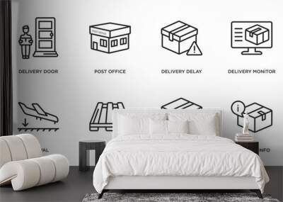 delivery and logistic outline icons set. thin line icons such as delivery door, post office, delivery delay, monitor, arrival, pallet, box, info vector. Wall mural