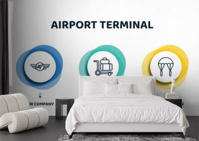 editable thin line icons with infographic template. infographic for airport terminal concept. included plane landing, air company, trolley with luggage, parachute open, airport taxi icons. Wall mural