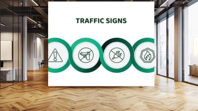 editable thin line icons with infographic template. infographic for traffic signs concept. included danger, no weapons, no plug, fire icons. Wall mural