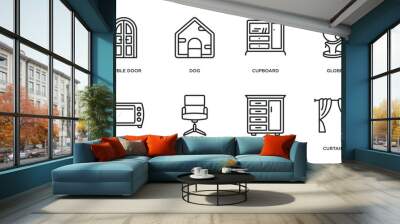 furniture & household outline icons set. thin line icons such as double door, dog, cupboard, globe, oven, office chair, drawers, curtains vector. Wall mural