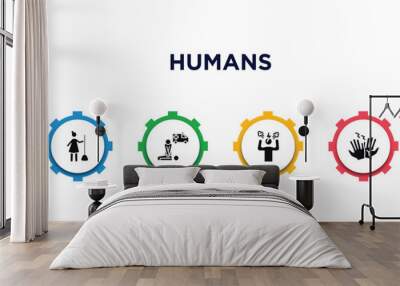 humans filled icons with infographic template. glyph icons such as pay in restaurant, vacuum cleaning, woman sweeping, cpr, angry man, high five vector. Wall mural