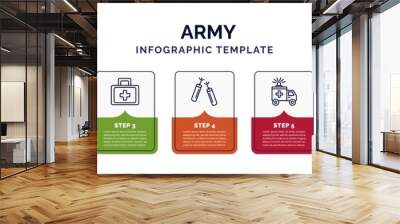 infographic template with icons and 7 options or steps. infographic for army concept. included antenna, military strategy, first aid, dinamite, ambulance, military vehicle, rank icons. Wall mural