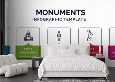 infographic template with icons and 7 options or steps. infographic for monuments concept. included denmark, retiro park, united states capitol, the clock tower, easter island, chartres cathedral, Wall mural