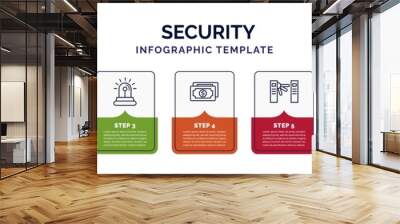 infographic template with icons and 7 options or steps. infographic for security concept. included big lock, smoke grenade, emergency light, two dollar bills, turnstiles, lock folder, safety car Wall mural