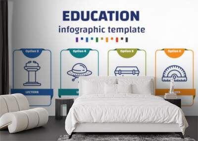 infographic template with icons and 8 options or steps. infographic for education concept. included highlighter, quasimodo, lectern, ufo, lunch box, rulers, exam, sash icons. Wall mural