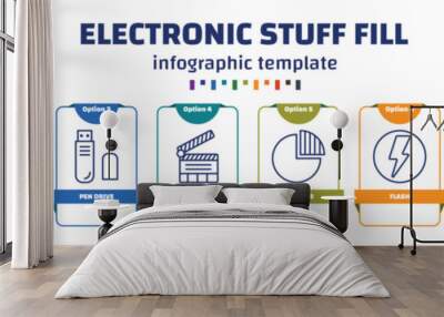 infographic template with icons and 8 options or steps. infographic for electronic stuff fill concept. included camera stand, usb connection, pen drive, clapperboard, quarter, flash, usb cable, full Wall mural