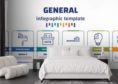 infographic template with icons and 8 options or steps. infographic for general concept. included laser measurement, model preparation, painting work, referendum, tape measure, invention, open Wall mural