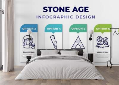 infographic template with icons and 8 options or steps. infographic for stone age concept. included meteor, troglodyte, stonehenge, club, tipi, diaur egg, rock art, paw print editable vector. Wall mural