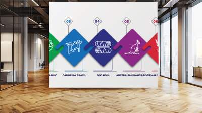 infographic template with linear icons. infographic for culture concept. included native american totem, beef and garlic, capoeira brazil dancers, egg roll, australian kangaroo, female bikini piece, Wall mural