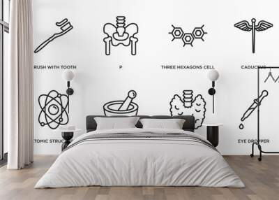 medical outline icons set. thin line icons such as brush with tooth paste, p, three hexagons cell, caduceus, atomic structure, phary tool, thyroid gland, eye dropper vector. Wall mural