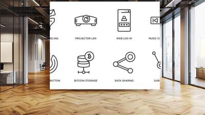 multimedia outline icons set. thin line icons such as mail funneling, projector len, web log in, music controller, power on button, bitcoin storage, data sharing, substance vector. Wall mural