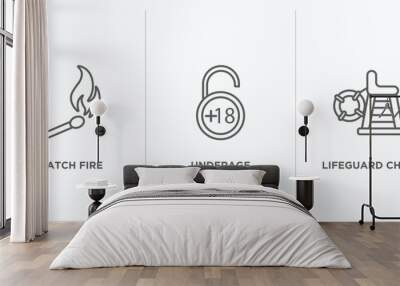 security outline icons set. thin line icons such as match fire, underage, lifeguard chair vector. linear icon sheet can be used web and mobile Wall mural