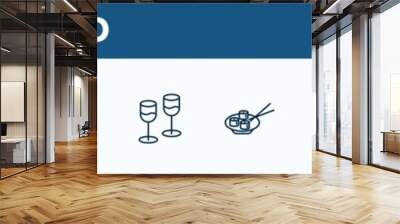 set of 10 food web icons in outline style. thin line icons such as mayonnaise, glasses of wine, empty bowl, hotel service, stemware, sushi dish, with leaf, fruit vector illustration. Wall mural