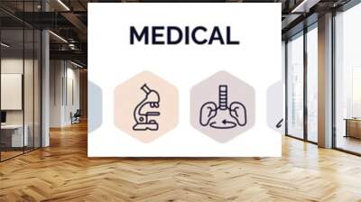 set of medical web icons in outline style. thin line icons such as dermis, eye dropper, canine, phary shopping cart, medical pill, microscope tool, breath control, brush with tooth paste, dentist Wall mural