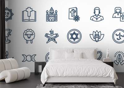 set of religion web icons in outline style. thin line icons such as anglican, jewish, orthodox, goblet, blasphemy, crown of thorns, goddess, rosary vector. Wall mural