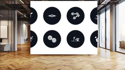 symbol for mobile filled icons set. filled icons such as dartboard and dart, boxer with belt, dumbbell for training, man in canoe, two judo fighters, ball pool, skibob, climber vector. Wall mural