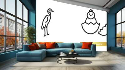 two editable outline icons from animals concept. thin line icons such as heron, baby chicken vector. Wall mural