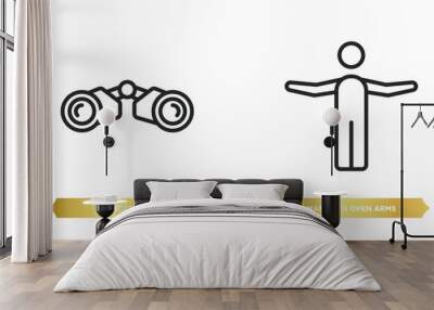 two editable outline icons from general concept. thin line icons such as binocular, man with open arms vector. Wall mural