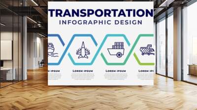 vector infographic design template with icons and 8 options or steps. infographic for transportation concept. included off road, pt boat, boat front view, army airplane, paddlewheeler, haul, train Wall mural