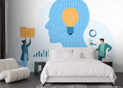 Analytics and creative tech ideas from AI, digital innovation. Tiny people and artificial intelligence work on data research, light bulb inside human head with circuit cartoon vector illustration Wall mural