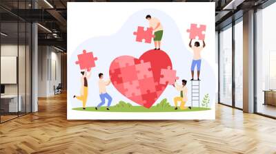 Charity project, international donation service and organization Tiny people hold puzzle pieces to fit inside heart, cooperation of volunteers giving love and money gift cartoon vector illustration Wall mural