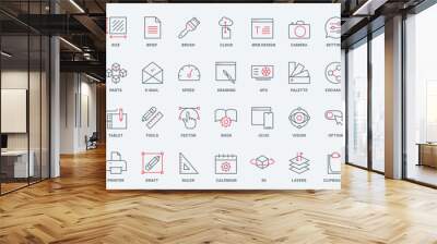 Creative graphic design, digital project creation line icons set. Options and settings, cloud program editing tools to customize art process thin black and red outline symbols vector illustration Wall mural