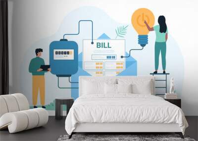 Electricity bill, payment for invoice. Tiny people press power button on light bulb, man and woman check electric meter to pay for electricity consumption and save energy cartoon vector illustration Wall mural