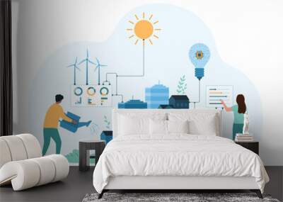 Futuristic smart city with green energy technology. Tiny people grow eco sustainable environment, control settings of digital projects for environmental protection cartoon vector illustration Wall mural