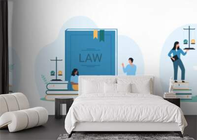 Law, policy and rules set. Tiny people study books of legislation and jurisprudence, research Terms and conditions with magnifying glass on phone screen and paper sheet cartoon vector illustration Wall mural