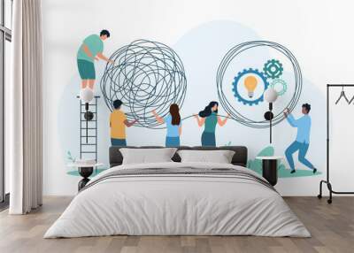 Process solving of complicated difficult problem, simplicity in psychotherapy. Tiny people unravel chaos and line multiple knots of wire to simple way, gear with light bulb cartoon vector illustration Wall mural