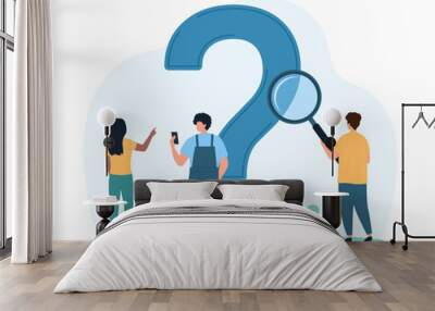 Research query, analysis of information and search for answer to question, FAQ. Tiny curious people look through magnifying glass at question mark, investigate problem cartoon vector illustration Wall mural