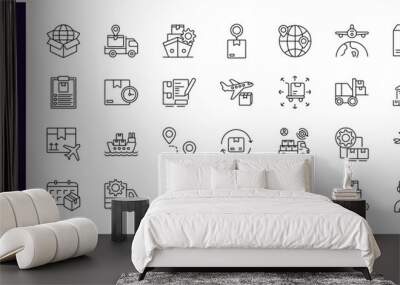 Logistics and Delivery icons set. Collection of simple line icons such as Sea Shipping, Air, Delivery Date, Courier, Warehouse, Return Parcel, Fast Shipping and others Editable vector stroke Wall mural