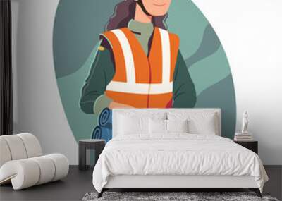 Architect constructor woman holding construction work project blueprint drawing. Constructing engineer builder person in safety helmet, vest. Building industry worker flat vector illustration Wall mural