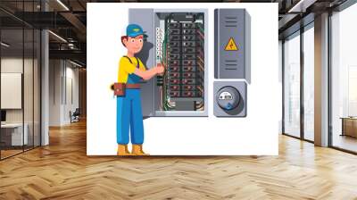 Engineer man working with breaker and fuse box Wall mural