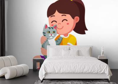 Happy preschool girl kid embracing and patting cat Wall mural