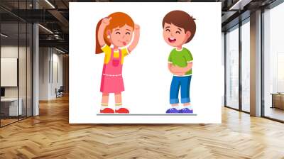 Joyful girl kid showing tongue making boy laugh Wall mural