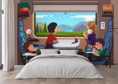 Kids girls and boys traveling by train together Wall mural