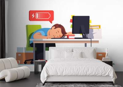 Overworked frustrated man fell asleep at workplace Wall mural