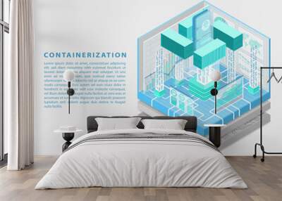 Application containerization and modular software development concept with symbol of smartphone and containers as isometric vector illustration.  Wall mural