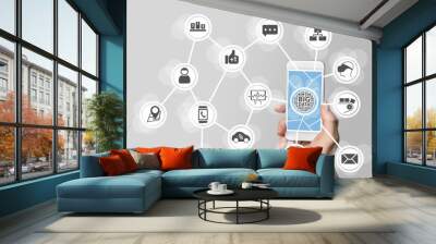 Big data concept in order to analyze large volume of data from connected mobile devices. Hand holding smart phone on white background Wall mural