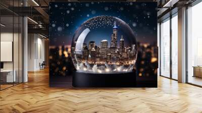 Close up of a snow globe with a cityscape of downtown Chicago with bokeh effect. City at night with snow on the ground. Concept of winter, holiday season and christmas. Wall mural