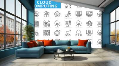 Cloud computing icon set with web, hosting, computer, operating system, database, storage, power, server, and data center. Wall mural