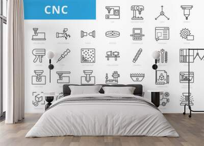 Computer numerical control icon set with machine tool, axis, spindle, path, workpiece, feed rate and cutting speed. Wall mural