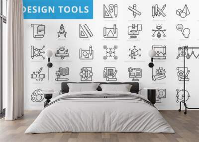 Design Tools icon set with objects, computer programs, process production, perception, explore ideas and designers. Wall mural