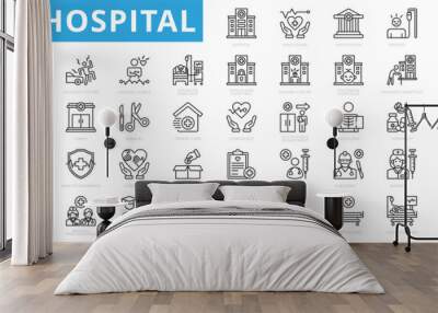 Hospital icon set with health care, institution, patient, science, medical equipment, general and emergency department. Wall mural